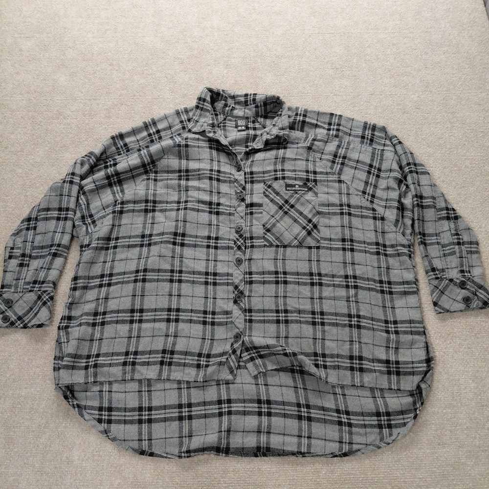 BDG Shirt Womens XS Oversized Black Gray Plaid Flannel Long Sleeve Button